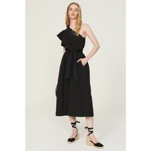 Madewell Ruffled One-Shoulder Midi Dress Black Self Tie Midi Cotton Pockets Sz 4